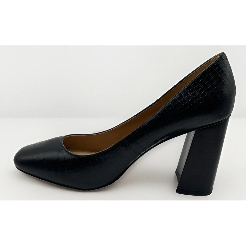 Nine West Block Heel Croc Embossed Black Leather Pumps Women's Size 9.5 M